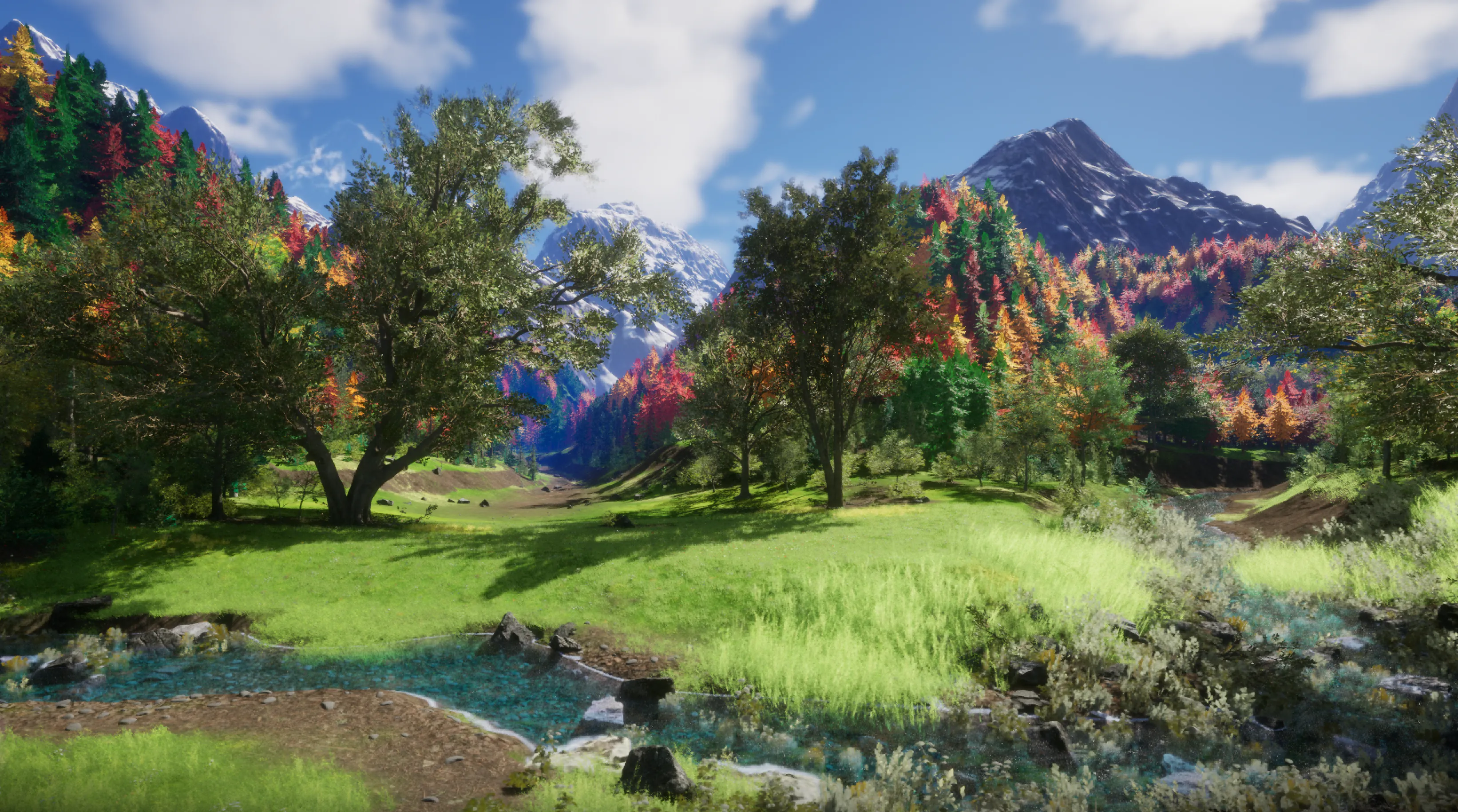 Sunlit meadow and stream in the next Monarch title